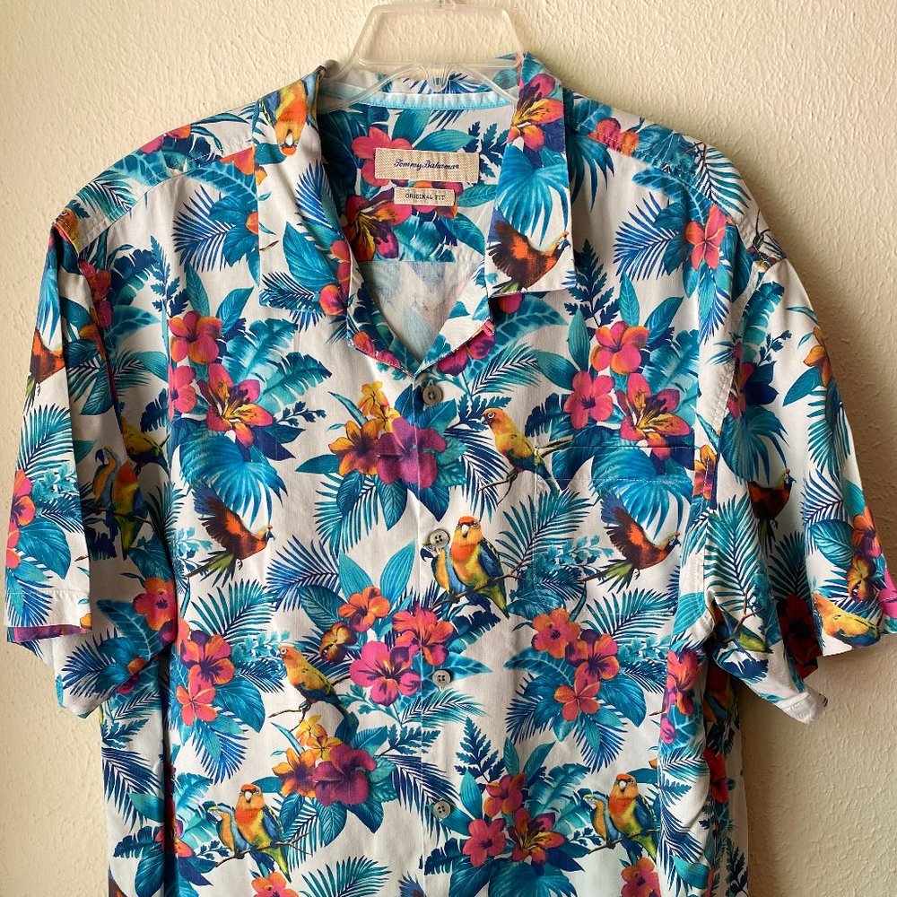 Tommy Bahama 100% Silk Men's Tropical Button-down size XXL Teal Pink Parrot